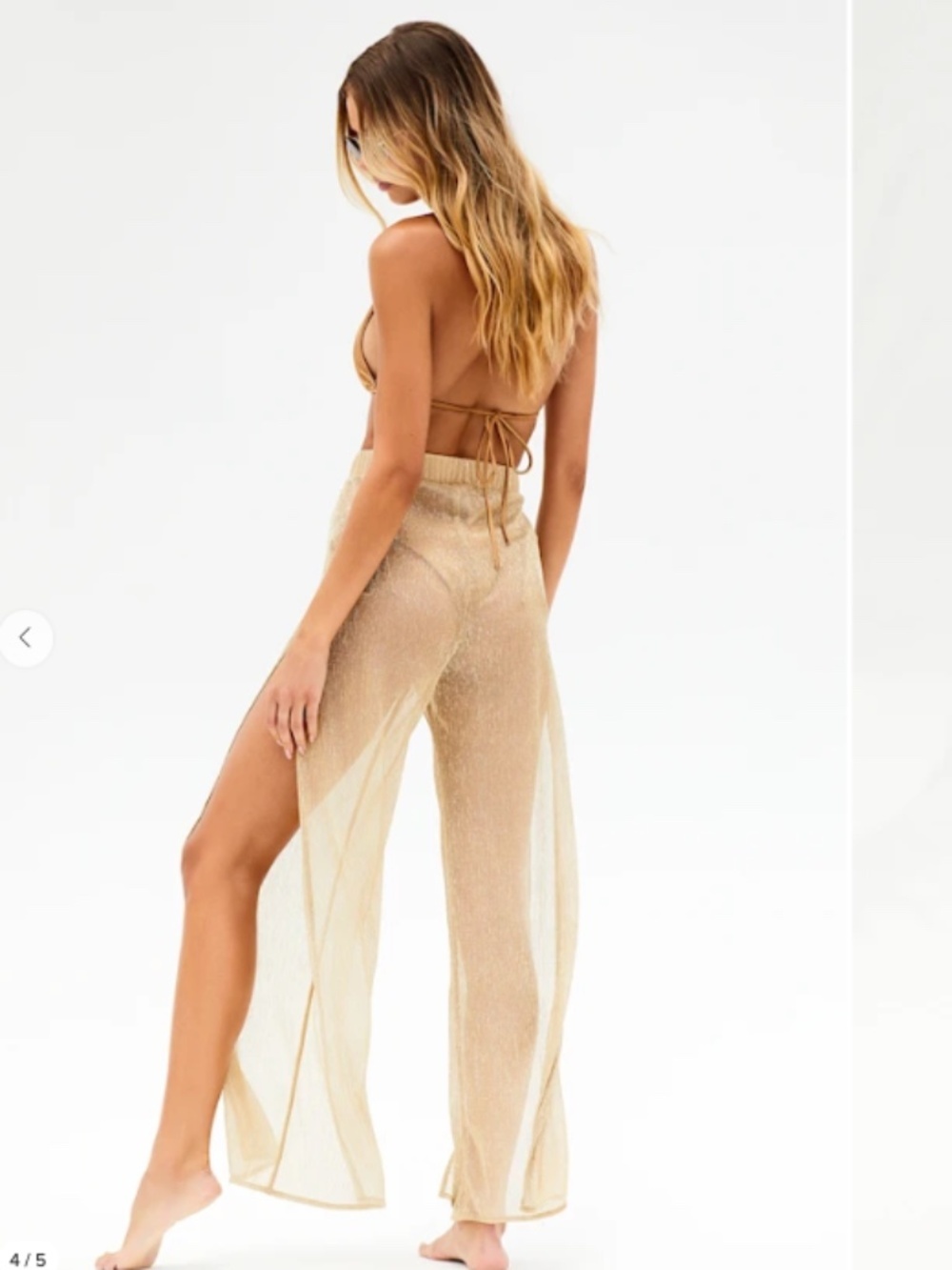 LULU's Sexy Beach Chic Sheer Gold Resort Vacation Cover-up Wide Leg Pant - Picture 3 of 6